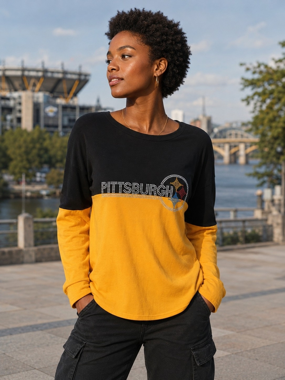 Pittsburgh Steelers Studded Colorblock Top – Large